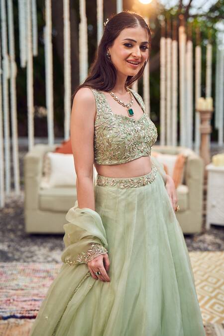 Shop_Swish By Dolcy And Simran_Green Organza, Linen Pearls, Lush Flora Bloom Embroidered Waistband Lehenga Set _Online_at_Aza_Fashions