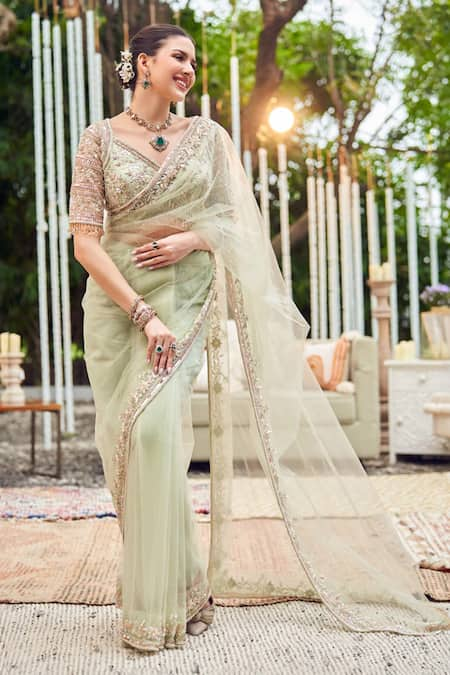 Swish By Dolcy And Simran Jade Flora Border Embroidered Saree With Blouse 