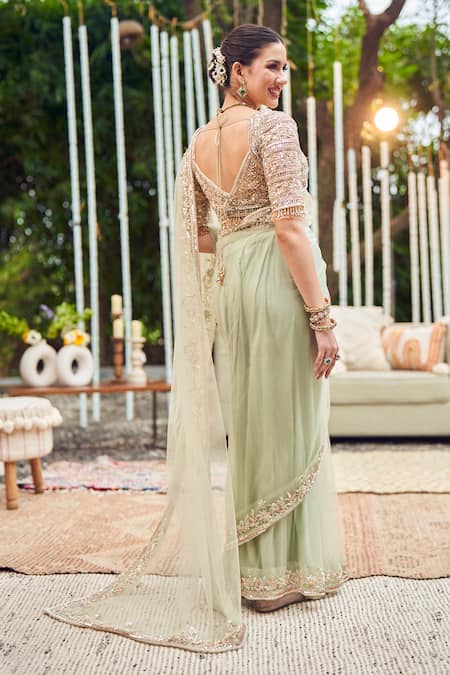 Shop_Swish By Dolcy And Simran_Green Net, Kota Doria, Organza Jade Flora Border Embroidered Saree With Blouse _at_Aza_Fashions