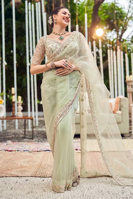 Swish By Dolcy And Simran_Green Net, Kota Doria, Organza Jade Flora Border Embroidered Saree With Blouse _Online_at_Aza_Fashions