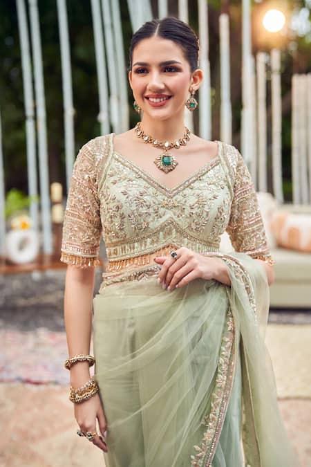 Buy_Swish By Dolcy And Simran_Green Net, Kota Doria, Organza Jade Flora Border Embroidered Saree With Blouse _Online_at_Aza_Fashions