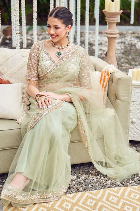 Shop_Swish By Dolcy And Simran_Green Net, Kota Doria, Organza Jade Flora Border Embroidered Saree With Blouse _Online_at_Aza_Fashions