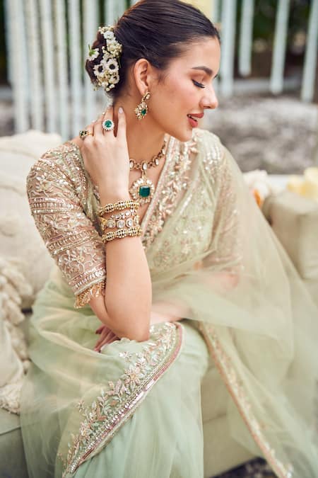 Swish By Dolcy And Simran_Green Net, Kota Doria, Organza Jade Flora Border Embroidered Saree With Blouse _at_Aza_Fashions
