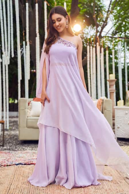 Shop Swish By Dolcy And Simran Purple Organza, Linen Sequins, Cut Periwinkle Embroidered Neckline Kaftan Set at Aza Fashions Shop_Swish By Dolcy And Simran_Purple Organza, Linen Sequins, Cut Periwinkle Embroidered Neckline Kaftan Set _at_Aza_Fashions