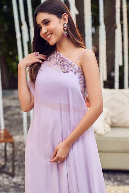 Swish By Dolcy And Simran Purple Organza, Linen Sequins, Cut Periwinkle Embroidered Neckline Kaftan Set Online at Aza Fashions Swish By Dolcy And Simran_Purple Organza, Linen Sequins, Cut Periwinkle Embroidered Neckline Kaftan Set _Online_at_Aza_Fashions