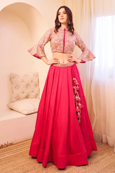 Swish By Dolcy And Simran Pink Satin Silk Lining Shantoon Masakali Bloom Blouse With Lehenga 