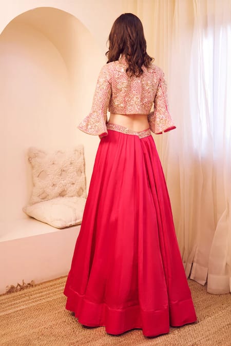 Shop Swish By Dolcy And Simran Pink Satin, Silk, Linen Sequins, Masakali Bloom Embroidered Blouse With Lehenga at Aza Fashions Shop_Swish By Dolcy And Simran_Pink Satin, Silk, Linen Sequins, Masakali Bloom Embroidered Blouse With Lehenga _at_Aza_Fashions