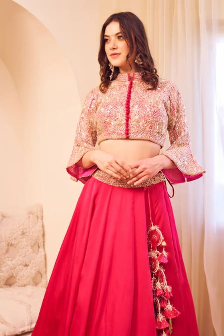 Swish By Dolcy And Simran Pink Satin, Silk, Linen Sequins, Masakali Bloom Embroidered Blouse With Lehenga Online at Aza Fashions Swish By Dolcy And Simran_Pink Satin, Silk, Linen Sequins, Masakali Bloom Embroidered Blouse With Lehenga _Online_at_Aza_Fashions