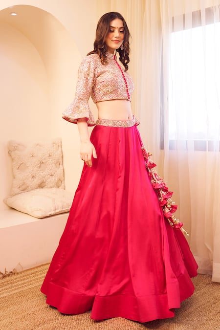 Shop Swish By Dolcy And Simran Pink Satin, Silk, Linen Sequins, Masakali Bloom Embroidered Blouse With Lehenga Online at Aza Fashions Shop_Swish By Dolcy And Simran_Pink Satin, Silk, Linen Sequins, Masakali Bloom Embroidered Blouse With Lehenga _Online_at_Aza_Fashions