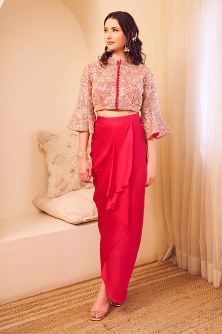 Swish By Dolcy And Simran Pink Satin Silk Lining Shantoon Masakali Bloom Blouse With Draped Skirt 