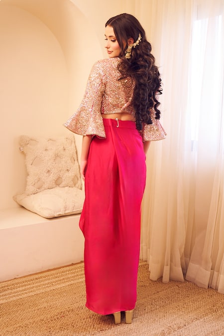 Shop Swish By Dolcy And Simran Pink Satin, Silk, Linen Masakali Bloom Embroidered Blouse With Draped Skirt at Aza Fashions Shop_Swish By Dolcy And Simran_Pink Satin, Silk, Linen Masakali Bloom Embroidered Blouse With Draped Skirt _at_Aza_Fashions
