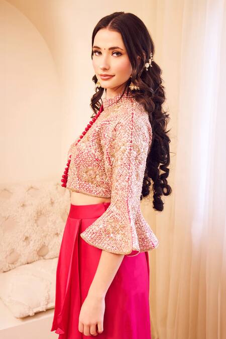 Buy Swish By Dolcy And Simran Pink Satin, Silk, Linen Masakali Bloom Embroidered Blouse With Draped Skirt Online at Aza Fashions Buy_Swish By Dolcy And Simran_Pink Satin, Silk, Linen Masakali Bloom Embroidered Blouse With Draped Skirt _Online_at_Aza_Fashions