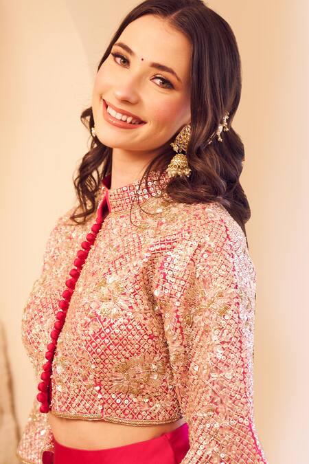 Shop Swish By Dolcy And Simran Pink Satin, Silk, Linen Masakali Bloom Embroidered Blouse With Draped Skirt Online at Aza Fashions Shop_Swish By Dolcy And Simran_Pink Satin, Silk, Linen Masakali Bloom Embroidered Blouse With Draped Skirt _Online_at_Aza_Fashions