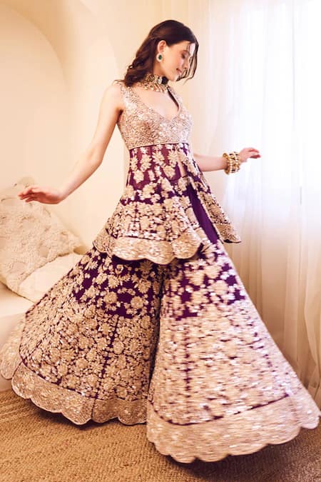 Swish By Dolcy And Simran Purple Organza Lining Shantoon Embroidery Rooh Gul Peplum Kurti With Sharara 