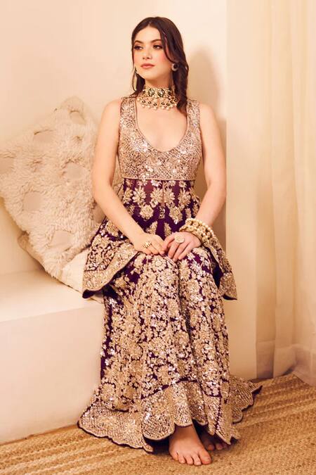 Swish By Dolcy And Simran_Purple Organza, Linen Sequins, Rooh Gul Embroidered Peplum Kurti With Sharara _Online_at_Aza_Fashions