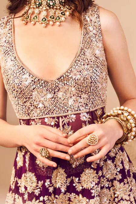 Buy_Swish By Dolcy And Simran_Purple Organza, Linen Sequins, Rooh Gul Embroidered Peplum Kurti With Sharara _Online_at_Aza_Fashions