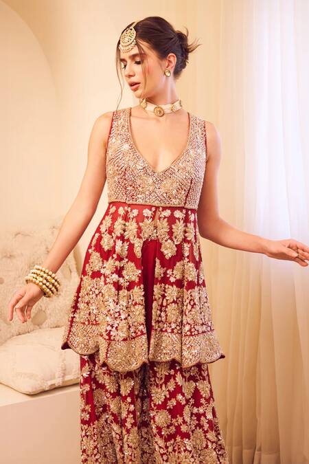 Swish By Dolcy And Simran Maroon Organza, Linen Sequins, Cut Work, Rooh Gulshan Peplum Kurti With Sharara Online at Aza Fashions Swish By Dolcy And Simran_Maroon Organza, Linen Sequins, Cut Work, Rooh Gulshan Peplum Kurti With Sharara _Online_at_Aza_Fashions