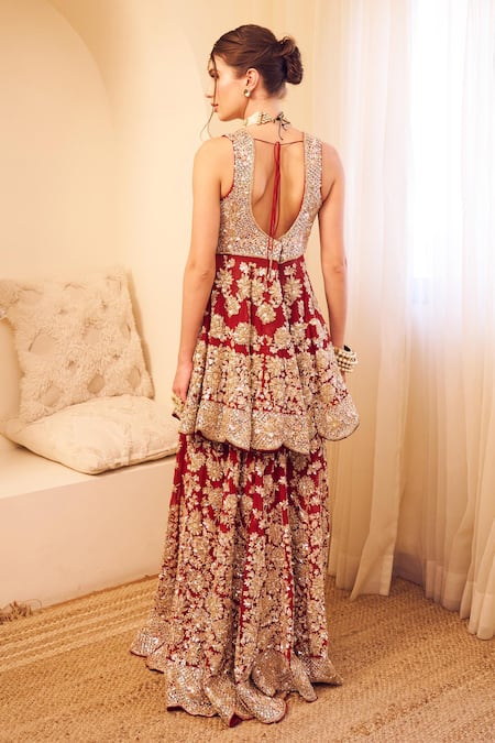 Shop Swish By Dolcy And Simran Maroon Organza, Linen Sequins, Cut Work, Rooh Gulshan Peplum Kurti With Sharara at Aza Fashions Shop_Swish By Dolcy And Simran_Maroon Organza, Linen Sequins, Cut Work, Rooh Gulshan Peplum Kurti With Sharara _at_Aza_Fashions