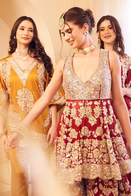 Shop Swish By Dolcy And Simran Maroon Organza, Linen Sequins, Cut Work, Rooh Gulshan Peplum Kurti With Sharara Online at Aza Fashions Shop_Swish By Dolcy And Simran_Maroon Organza, Linen Sequins, Cut Work, Rooh Gulshan Peplum Kurti With Sharara _Online_at_Aza_Fashions