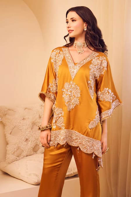Swish By Dolcy And Simran Yellow Satin Silk Lining Shantoon Embroidery Seher Gullista Kaftan With Pant Online at Aza Fashions Swish By Dolcy And Simran_Yellow Satin Silk Lining Shantoon Embroidery Seher Gullista Kaftan With Pant _Online_at_Aza_Fashions