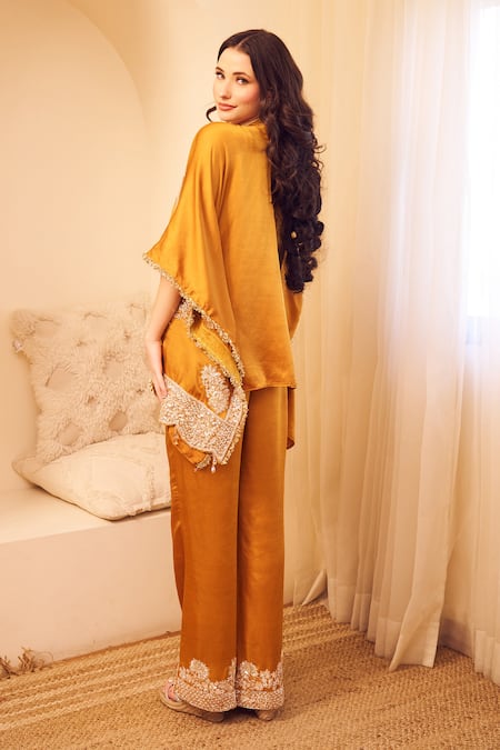 Shop Swish By Dolcy And Simran Yellow Satin Silk Lining Shantoon Embroidery Seher Gullista Kaftan With Pant at Aza Fashions Shop_Swish By Dolcy And Simran_Yellow Satin Silk Lining Shantoon Embroidery Seher Gullista Kaftan With Pant _at_Aza_Fashions