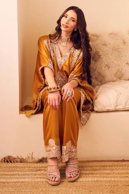 Buy Swish By Dolcy And Simran Yellow Satin Silk Lining Shantoon Embroidery Seher Gullista Kaftan With Pant Online at Aza Fashions Buy_Swish By Dolcy And Simran_Yellow Satin Silk Lining Shantoon Embroidery Seher Gullista Kaftan With Pant _Online_at_Aza_Fashions