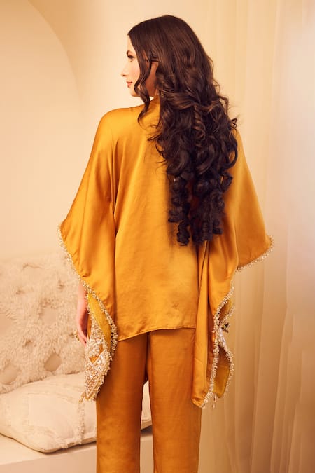 Shop Swish By Dolcy And Simran Yellow Satin Silk Lining Shantoon Embroidery Seher Gullista Kaftan With Pant Online at Aza Fashions Shop_Swish By Dolcy And Simran_Yellow Satin Silk Lining Shantoon Embroidery Seher Gullista Kaftan With Pant _Online_at_Aza_Fashions
