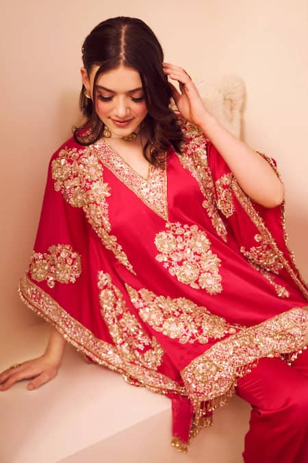 Swish By Dolcy And Simran Pink Satin Silk Lining Shantoon Seher Gullistta Bloom Kaftan With Pant Online at Aza Fashions Swish By Dolcy And Simran_Pink Satin Silk Lining Shantoon Seher Gullistta Bloom Kaftan With Pant _Online_at_Aza_Fashions