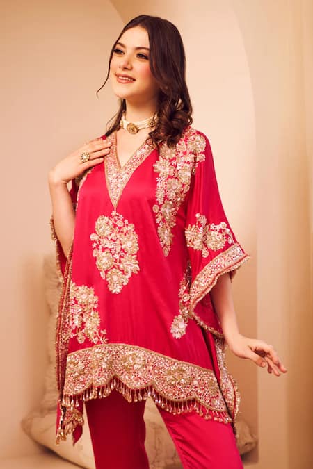 Buy Swish By Dolcy And Simran Pink Satin Silk Lining Shantoon Seher Gullistta Bloom Kaftan With Pant Online at Aza Fashions Buy_Swish By Dolcy And Simran_Pink Satin Silk Lining Shantoon Seher Gullistta Bloom Kaftan With Pant _Online_at_Aza_Fashions