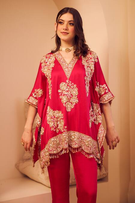 Shop Swish By Dolcy And Simran Pink Satin Silk Lining Shantoon Seher Gullistta Bloom Kaftan With Pant Online at Aza Fashions Shop_Swish By Dolcy And Simran_Pink Satin Silk Lining Shantoon Seher Gullistta Bloom Kaftan With Pant _Online_at_Aza_Fashions