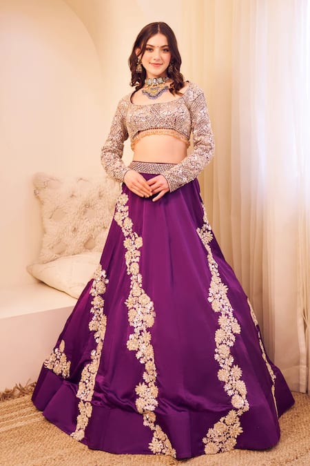 Swish By Dolcy And Simran Purple Satin Silk Lining Shantoon Embroidery Sequin Ambrosia Lehenga Set 