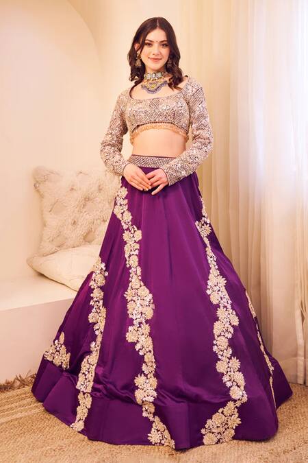 Swish By Dolcy And Simran Purple Satin, Silk Beads, Sequins, Cut Work Ambrosia Embroidered Lehenga Set at Aza Fashions Swish By Dolcy And Simran_Purple Satin, Silk Beads, Sequins, Cut Work Ambrosia Embroidered Lehenga Set _at_Aza_Fashions