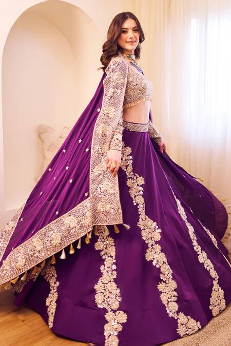 Buy Swish By Dolcy And Simran Purple Satin, Silk Beads, Sequins, Cut Work Ambrosia Embroidered Lehenga Set Buy_Swish By Dolcy And Simran_Purple Satin, Silk Beads, Sequins, Cut Work Ambrosia Embroidered Lehenga Set