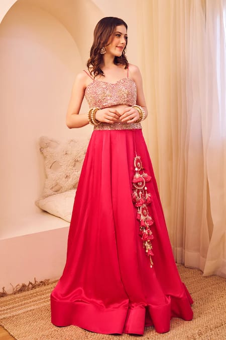 Swish By Dolcy And Simran Pink Satin Silk Lining Shantoon Embroidery Aashiyaan Bahar Jaal Lehenga Set 