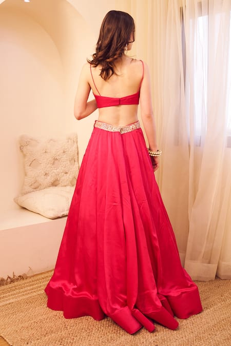 Shop_Swish By Dolcy And Simran_Pink Satin, Silk, Linen Sequins, Aashiyaan Bahar Jaal Embroidered Lehenga Set _at_Aza_Fashions