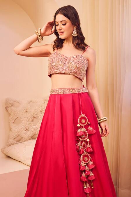 Swish By Dolcy And Simran_Pink Satin, Silk, Linen Sequins, Aashiyaan Bahar Jaal Embroidered Lehenga Set _Online_at_Aza_Fashions