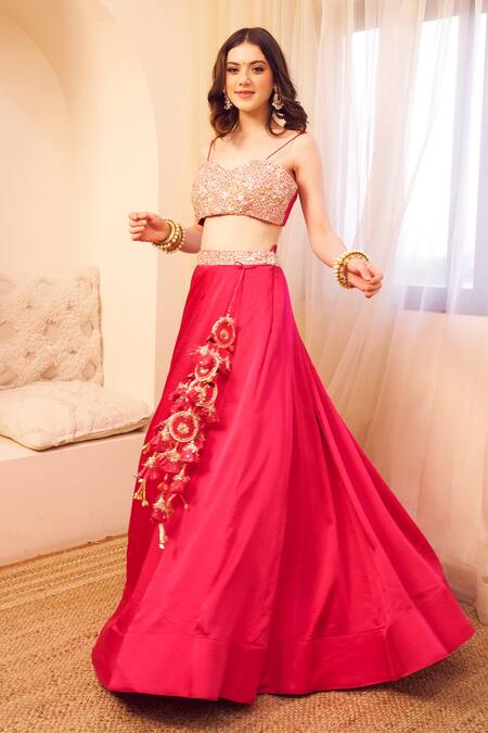 Shop_Swish By Dolcy And Simran_Pink Satin, Silk, Linen Sequins, Aashiyaan Bahar Jaal Embroidered Lehenga Set _Online_at_Aza_Fashions