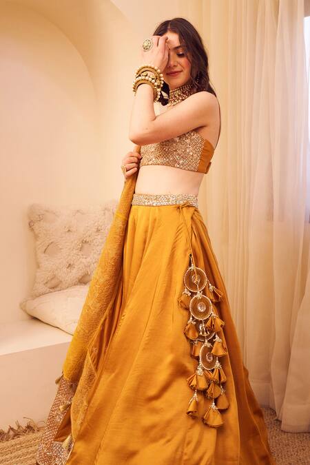 Shop_Swish By Dolcy And Simran_Pink Satin, Silk Sequins, Aashiyaan Gul Jaal Waistband Embroidered Lehenga Set _Online_at_Aza_Fashions
