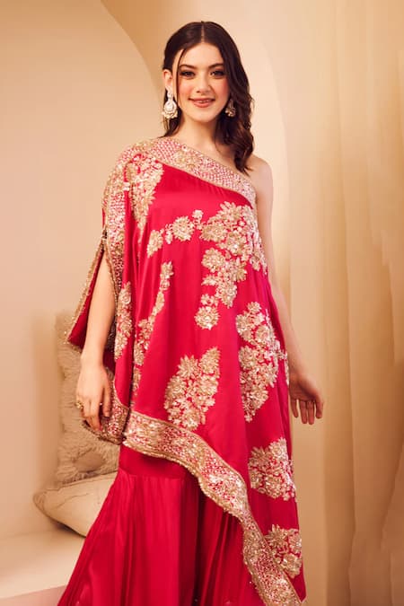 Swish By Dolcy And Simran Pink Satin Silk Lining Shantoon Embroidery Rooh Gulbahar Kaftan With Sharara Online at Aza Fashions Swish By Dolcy And Simran_Pink Satin Silk Lining Shantoon Embroidery Rooh Gulbahar Kaftan With Sharara _Online_at_Aza_Fashions