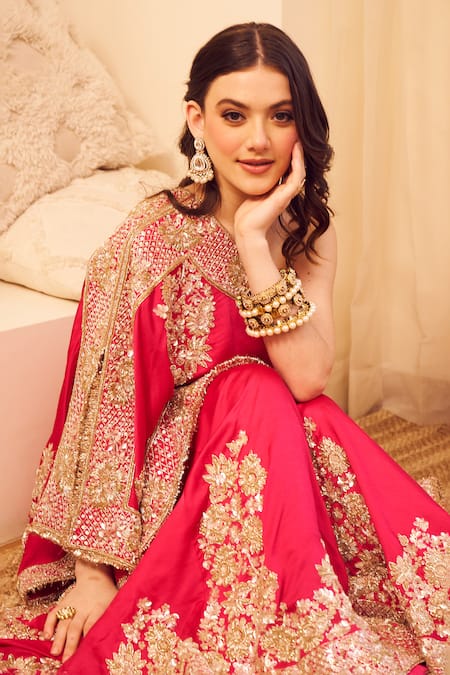 Swish By Dolcy And Simran Pink Satin Silk Lining Shantoon Embroidery Rooh Gulbahar Kaftan With Sharara at Aza Fashions Swish By Dolcy And Simran_Pink Satin Silk Lining Shantoon Embroidery Rooh Gulbahar Kaftan With Sharara _at_Aza_Fashions