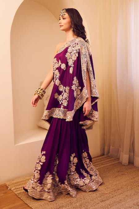 Swish By Dolcy And Simran Purple Satin Silk Lining Shantoon Embroidery Rooh Bahar Kaftan With Sharara 