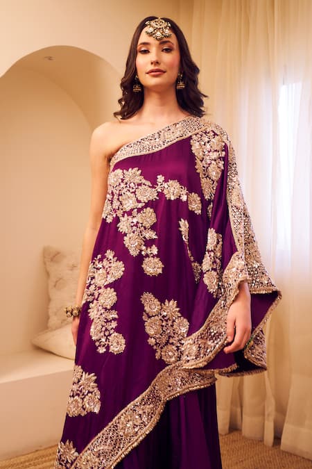 Swish By Dolcy And Simran Purple Satin Silk Lining Shantoon Embroidery Rooh Bahar Kaftan With Sharara Online at Aza Fashions Swish By Dolcy And Simran_Purple Satin Silk Lining Shantoon Embroidery Rooh Bahar Kaftan With Sharara _Online_at_Aza_Fashions