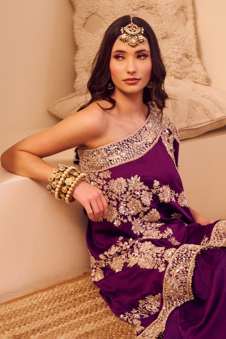 Shop Swish By Dolcy And Simran Purple Satin Silk Lining Shantoon Embroidery Rooh Bahar Kaftan With Sharara Online at Aza Fashions Shop_Swish By Dolcy And Simran_Purple Satin Silk Lining Shantoon Embroidery Rooh Bahar Kaftan With Sharara _Online_at_Aza_Fashions