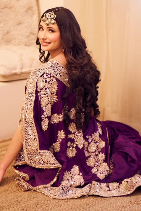 Buy Swish By Dolcy And Simran Purple Satin Silk Lining Shantoon Embroidery Rooh Bahar Kaftan With Sharara Buy_Swish By Dolcy And Simran_Purple Satin Silk Lining Shantoon Embroidery Rooh Bahar Kaftan With Sharara