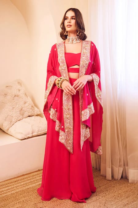 Swish By Dolcy And Simran Pink Organza Lining Shantoon Embroidery Mast Magan Jashn Bahar Cape Set 