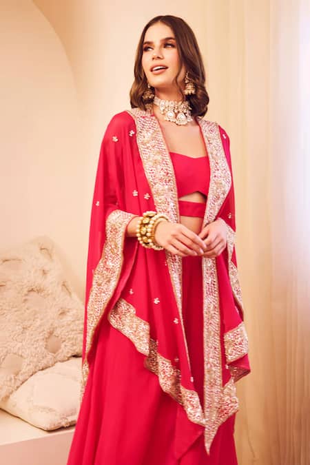 Swish By Dolcy And Simran_Pink Organza, Linen, Cotton Sequins, Mast Magan Jashn Bahar Embroidered Cape Set _Online_at_Aza_Fashions