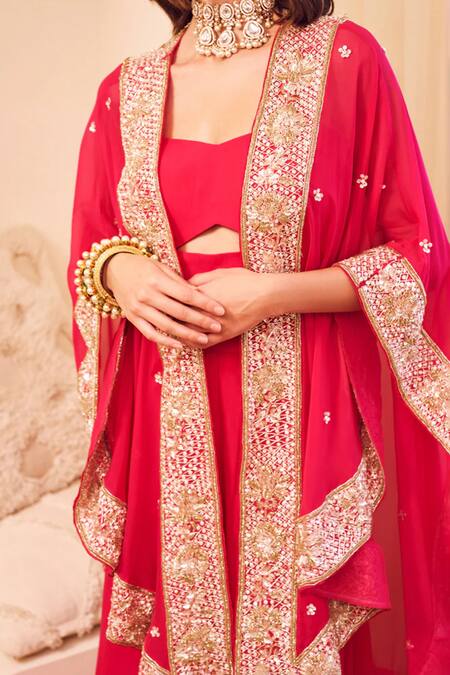Buy_Swish By Dolcy And Simran_Pink Organza, Linen, Cotton Sequins, Mast Magan Jashn Bahar Embroidered Cape Set _Online_at_Aza_Fashions