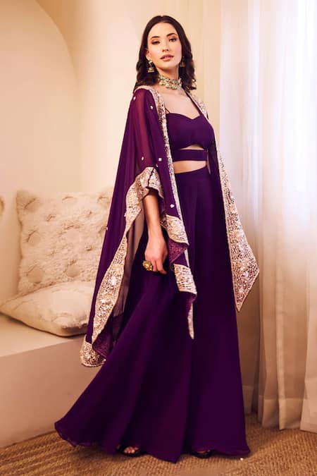 Swish By Dolcy And Simran_Purple Organza Sequins, Cut Work Mast Magan Noor Bahar Embroidered Cape Set _Online_at_Aza_Fashions