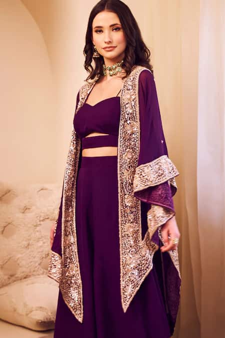 Buy_Swish By Dolcy And Simran_Purple Organza Sequins, Cut Work Mast Magan Noor Bahar Embroidered Cape Set _Online_at_Aza_Fashions