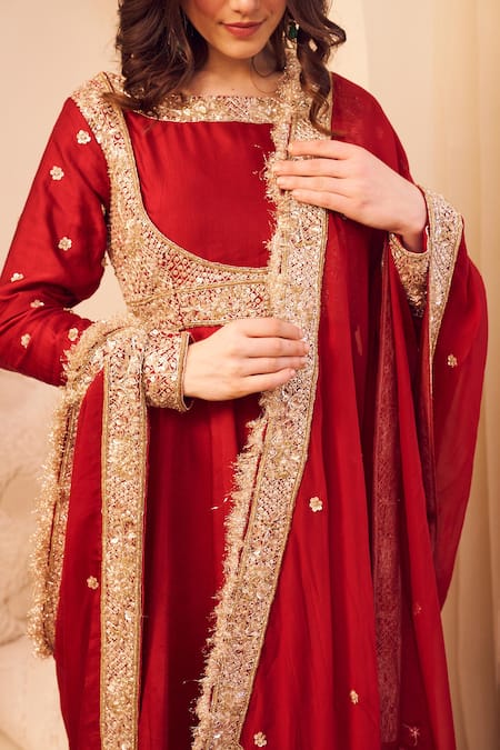 Shop_Swish By Dolcy And Simran_Maroon Satin, Silk, Linen Meherbaan Ditsy Bloom Embroidered Anarkali Set_Online_at_Aza_Fashions